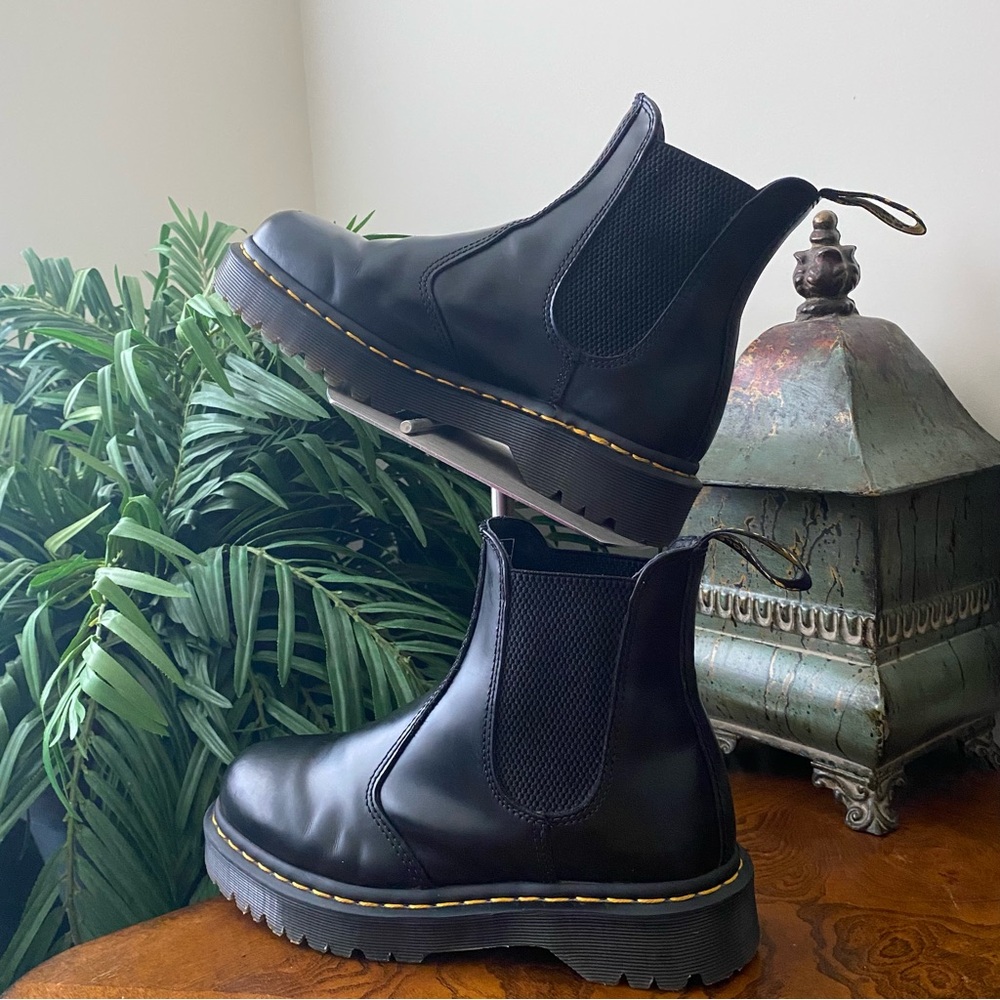 Dr. Martens Black Leather Chelsea Lug Boots with Yellow Stitching